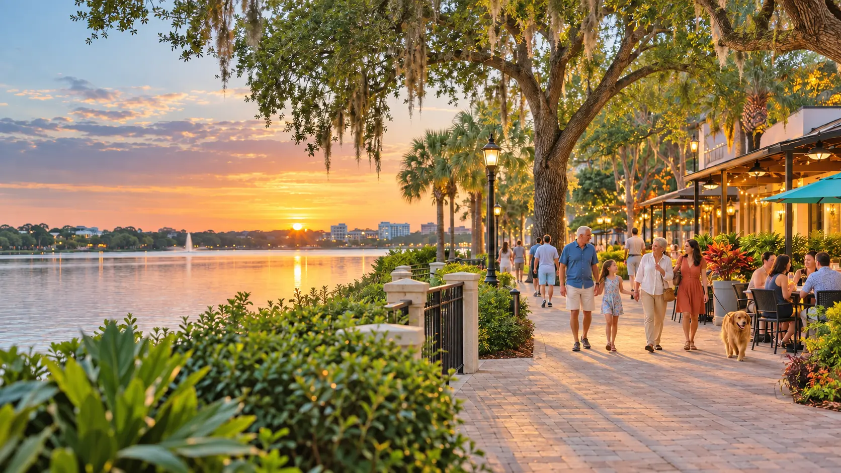 An illustrated vision of a Central Florida waterfront at sunset