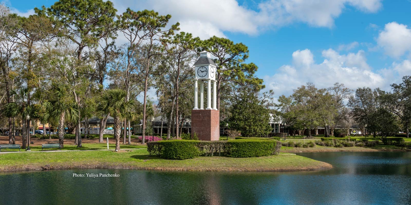 The clock tower and pond in downtown Lake Mary.
