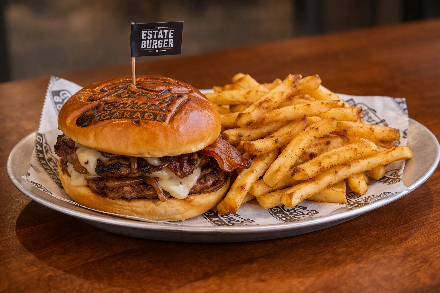 Estate Burger with fries at Ford’s Garage