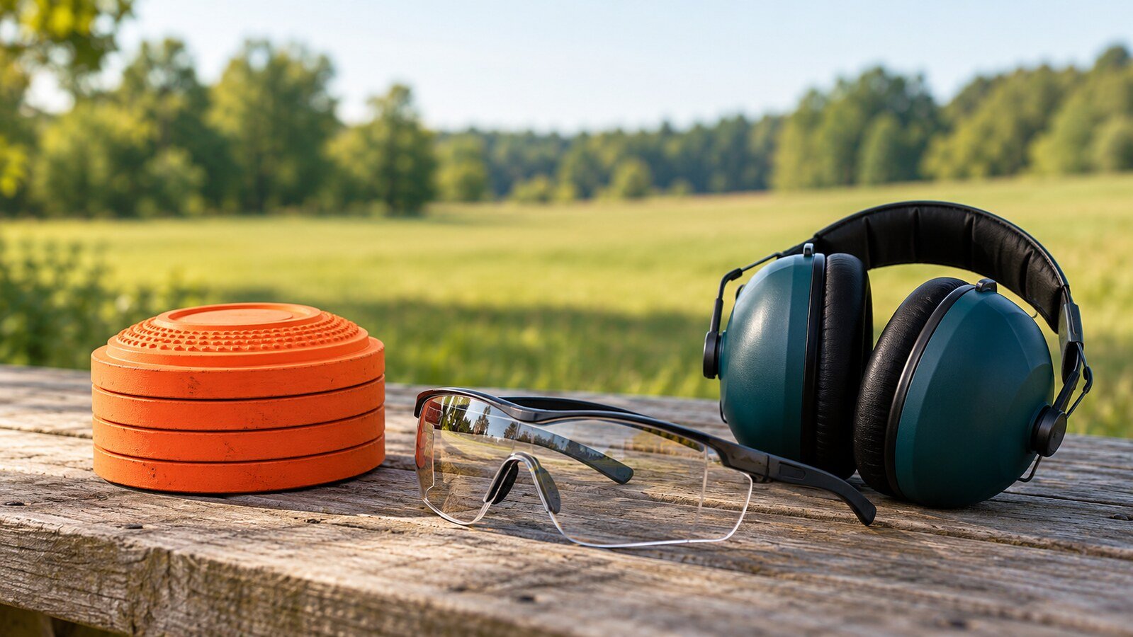 Orange clay targets, protective glasses and hearing protectors on an outdoor bench.
