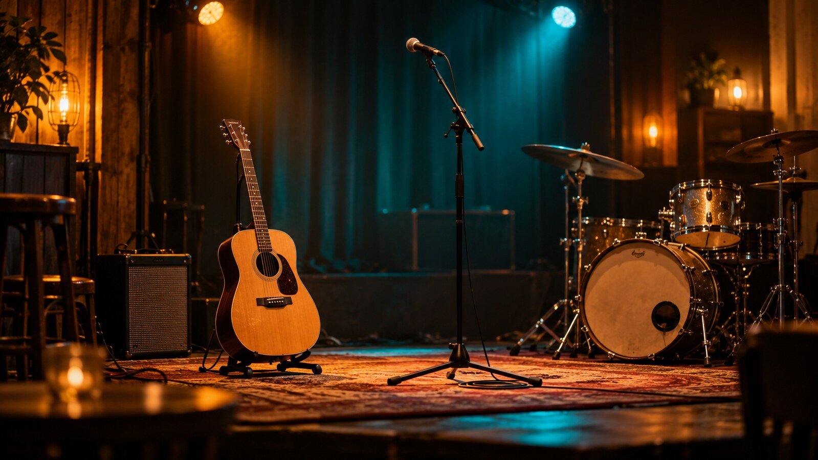 Acoustic guitar, microphone and drums on an empty stage with warm lighting.