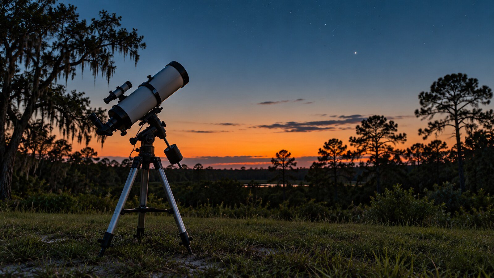 A telescope stands in a grassy clearing beneath a twilight sky.