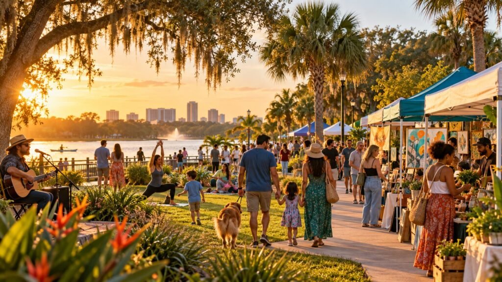 Families browse a generic outdoor market beside a lake.