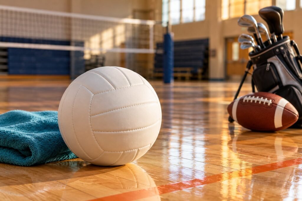 A football, volleyball and golf equipment arranged in a gym.