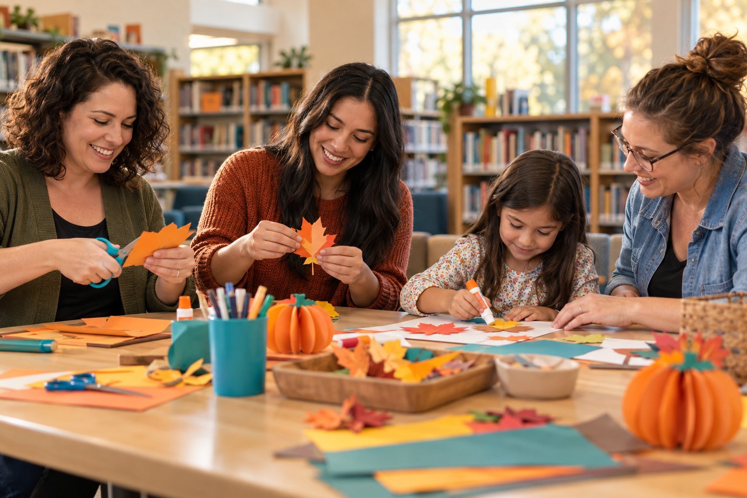 Adults and a child work on a colorful craft project at a table.